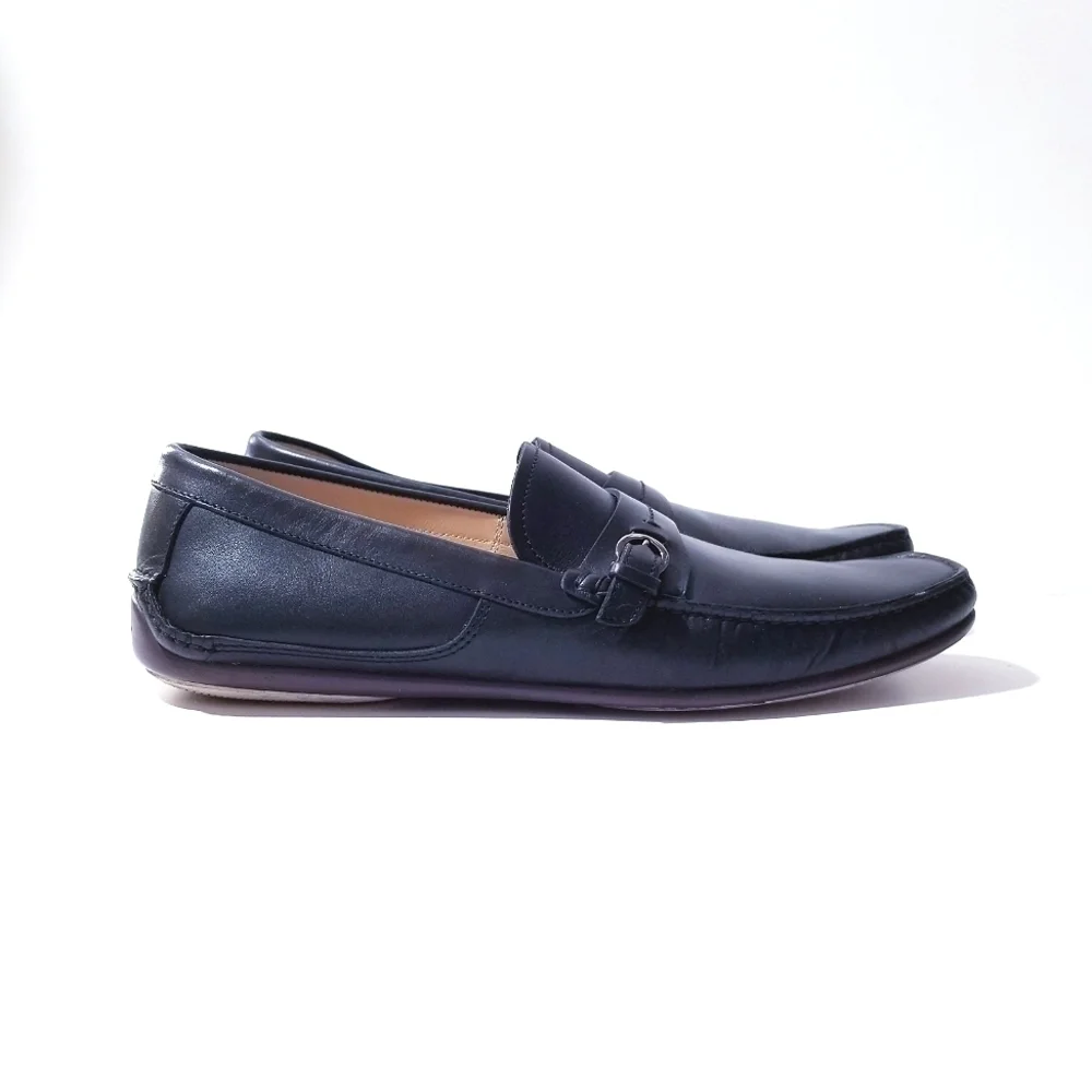 SALVATORE FERRAGAMO Black Leather Side Buckle Loafers Wine Vibram Sole 9.5